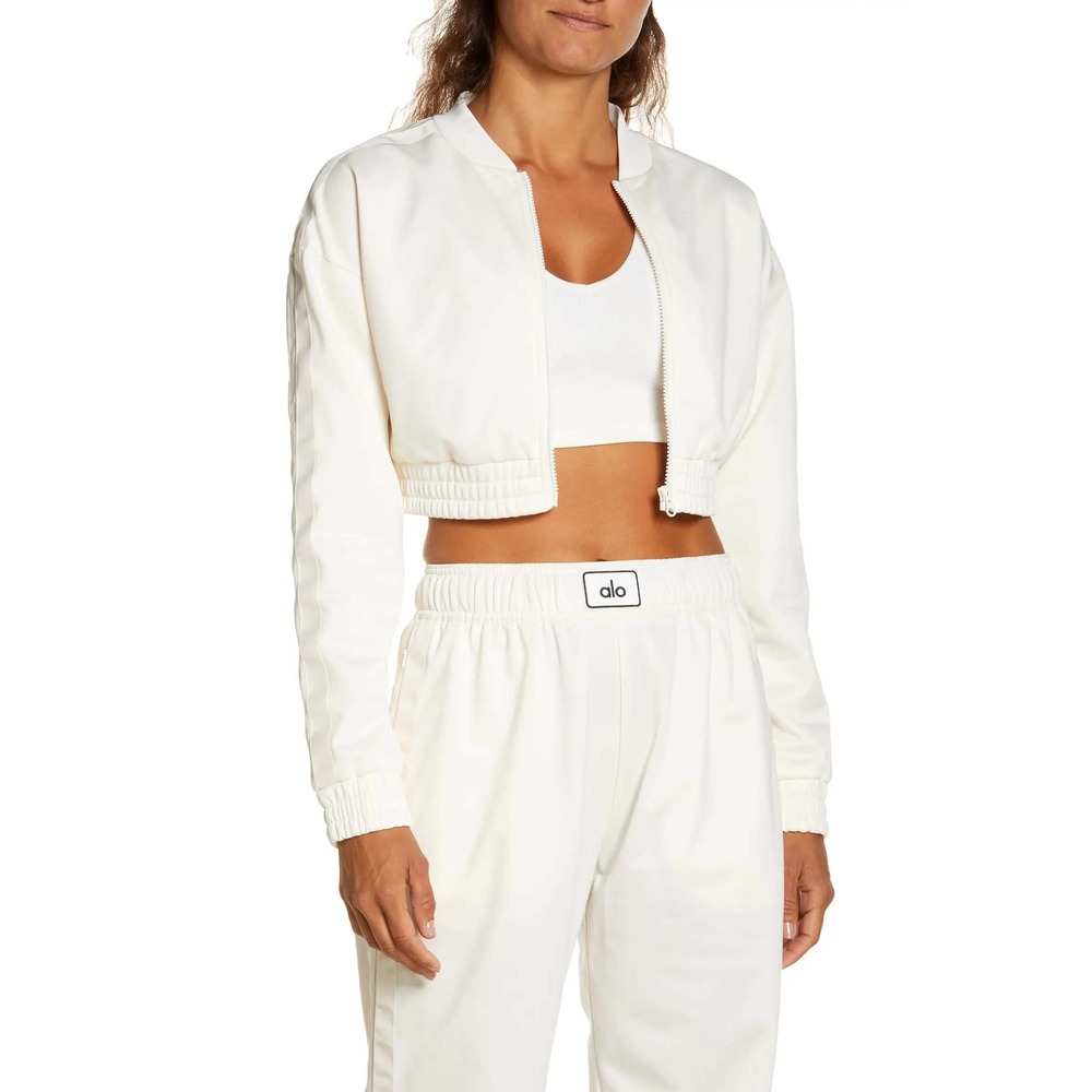 Alo Yoga Ivory Cropped Bomber Jacket XS Logo Athleisure Sporty Chic Streetwear
